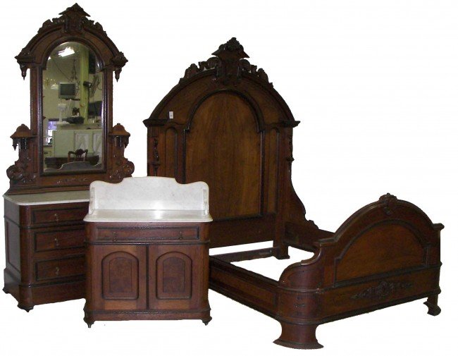 Thomas Brooks 3 Piece Queen Size bedroom set: Rare Queen size detail carved walnut Victorian marbletop 3 piece bedroom set attributed to Thomas Brooks Auction Estimate 2750-5500