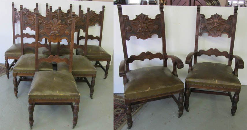 C1890 Set of 8 Quartersawn oak chairs: Fine Quality C1890 Set of 8 Quartersawn oak chairs with North Wind heads 49"h Auction Estimate 1750-2750