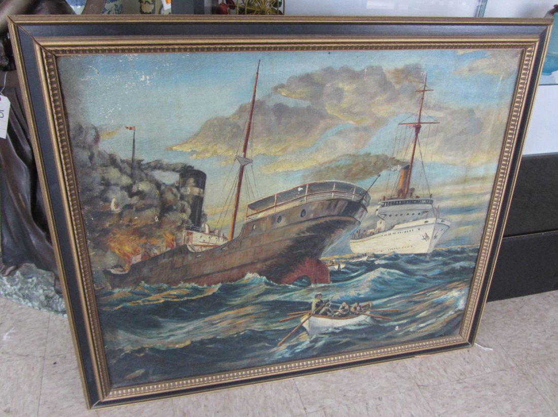 Ea. 20th C. Signed John D. Wisinsky oil on canvas: Ea. 20th C. Signed John D. Wisinsky oil on canvas of Coast Guard rescue at sea 34 1/2 x 40 1/2 Auction Estimate 400-800