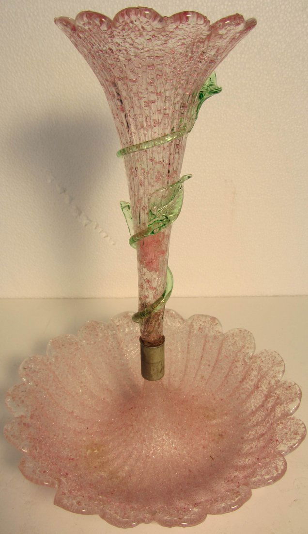 20th C. Murano style pink art glass epergne: 20th C. Murano style pink art glass epergne with vine 13 x 9 Auction Estimate 150-300