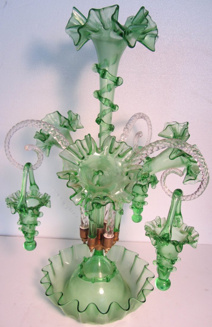 20th C. Green epergne with hanging baskets: 20th C. Green epergne with hanging baskets 22 1/2"h Auction Estimate 300-600