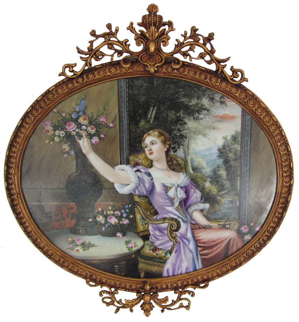 20th C. Porcelain plaque with Victorian lady: 20th C. Porcelain plaque with Victorian lady marked KPM 19 1/2 x 18 Auction Estimate 150-300