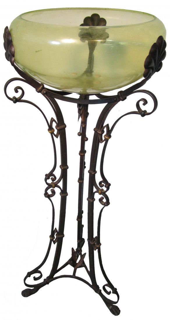 C1910 Art Nouveau style iron fishbowl: C1910 Art Nouveau style iron fishbowl with vaseline glass 42 1/2"h Auction Estimate 300-600