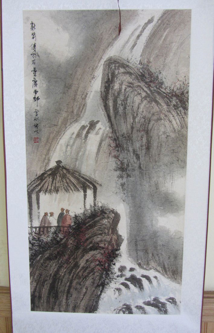 Oriental watercolor painting signed Fu Baoshi: Oriental watercolor scroll painting signed Fu Baoshi 35 x 18 1/2 Auction Estimate 500-1500