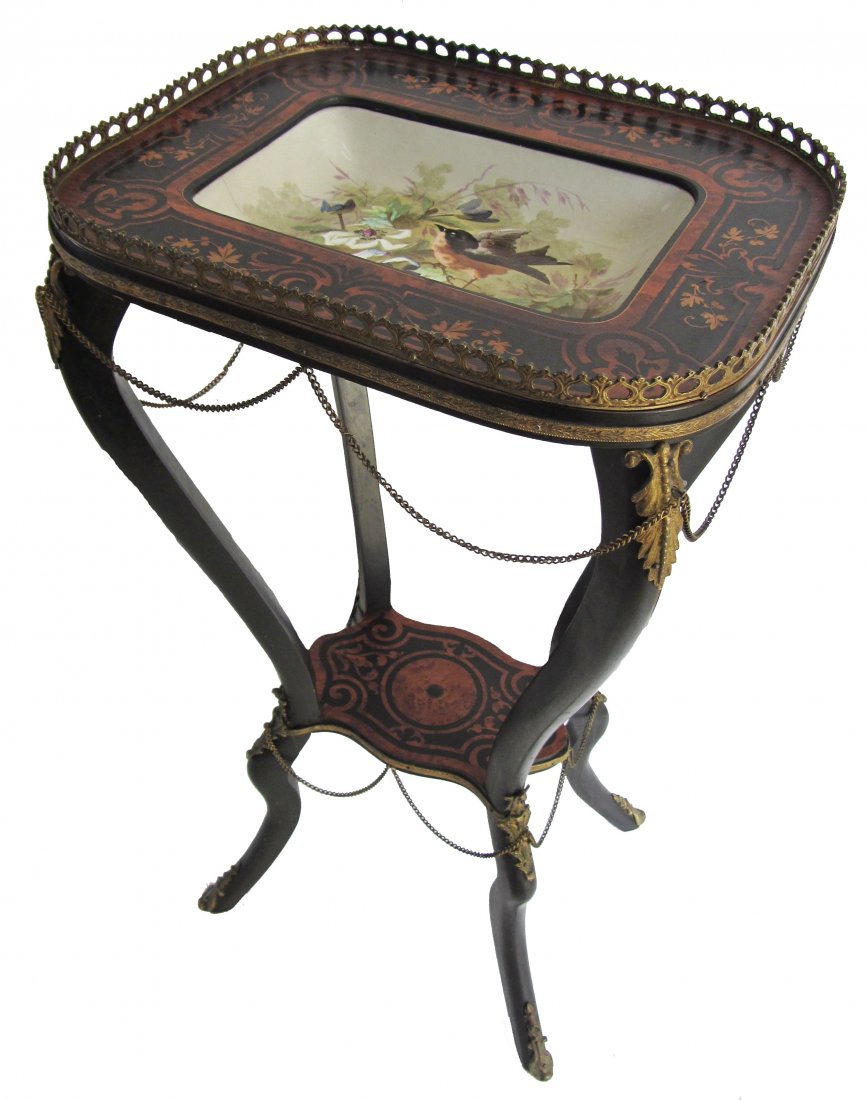 19th C. Ebonized and inlaid with Limoges tray: 19th C. French ebonized and inlaid bronze mounted table with Limoges porcelain tray 30 x 15 x 11 1/2 Auction Estimate 600-1200