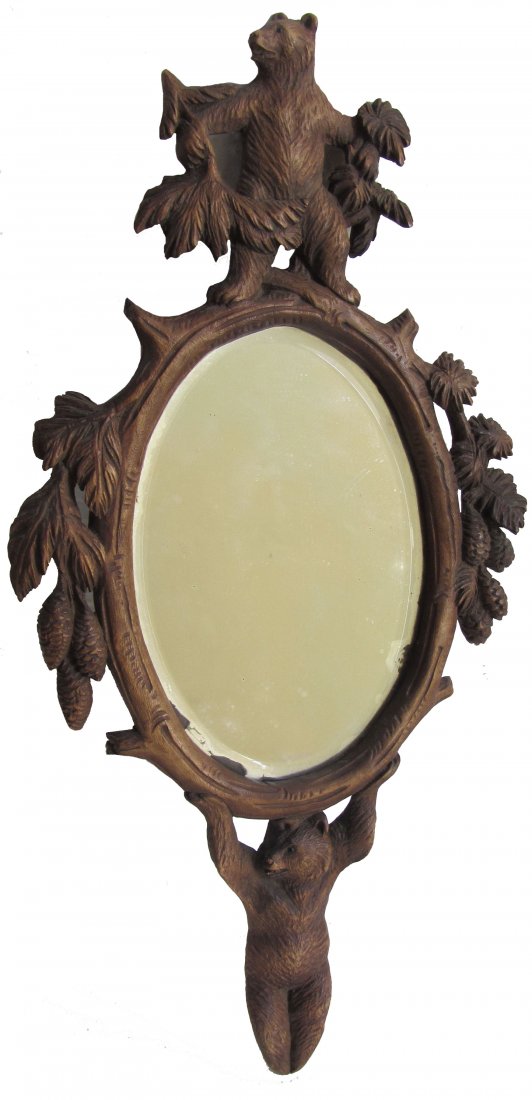 C1900 Antique Black Forest mirror with bears: C1900 Antique Black Forest mirror with bears 15 x 7 1/2 Auction Estimate 200-400
