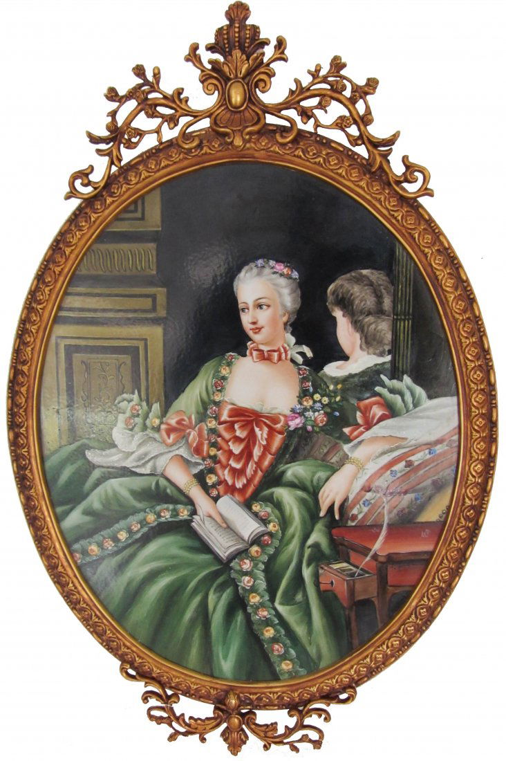 20th C. Porcelain plaque with Victorian lady: 20th C. Porcelain plaque with Victorian lady marked KPM 23 x 15 Auction Estimate 150-300
