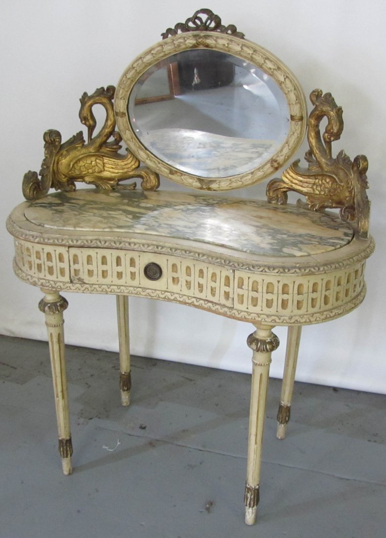 19th C. French marbletop paint decorated vanity: 19th C. French marbletop paint decorated vanity with detail carvings and adjustable mirror 53 x 41 x 20 Auction Estimate 600-1200