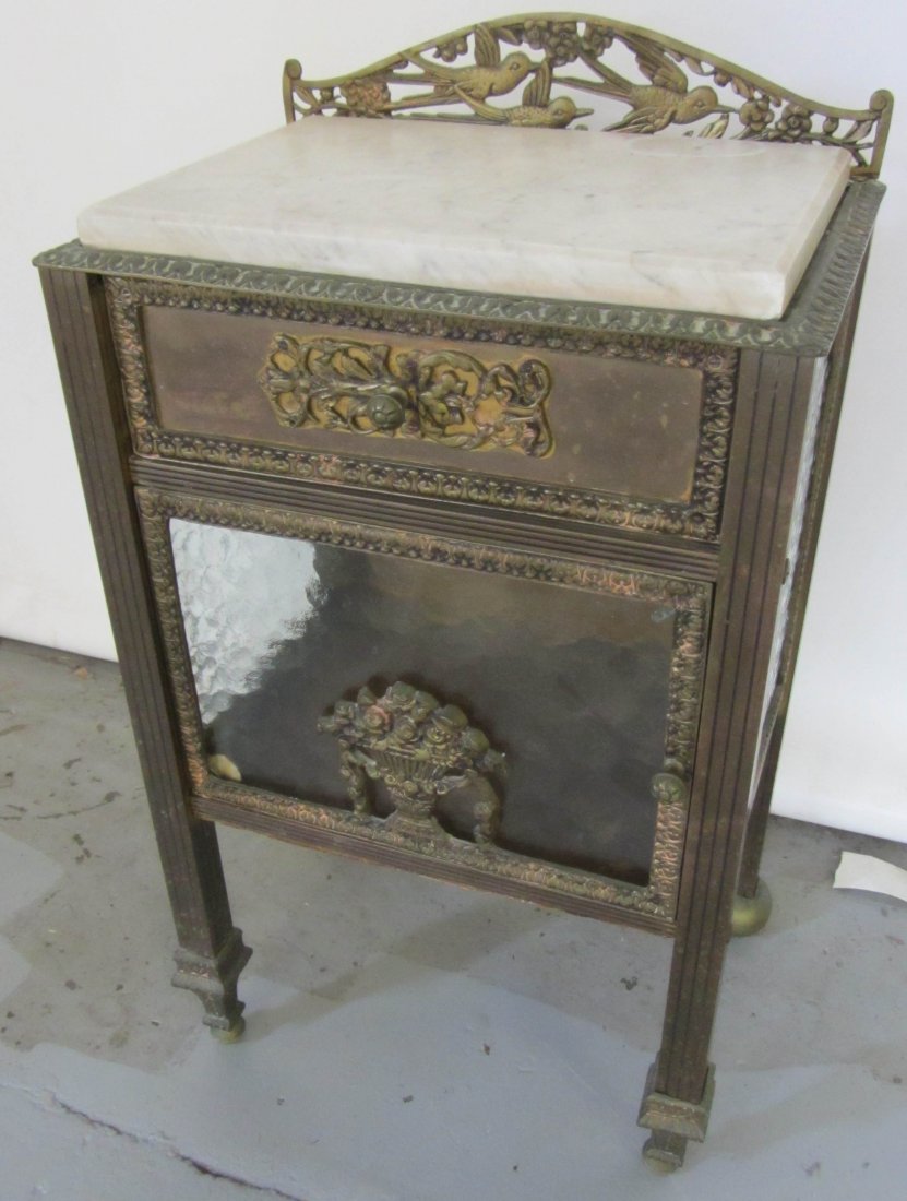 C1900 Eastlake Victorian bronze nightstand: C1900 Eastlake Victorian bronze and marbletop nightstand with detail work 26 x 15 x 11 Auction Estimate 300-600