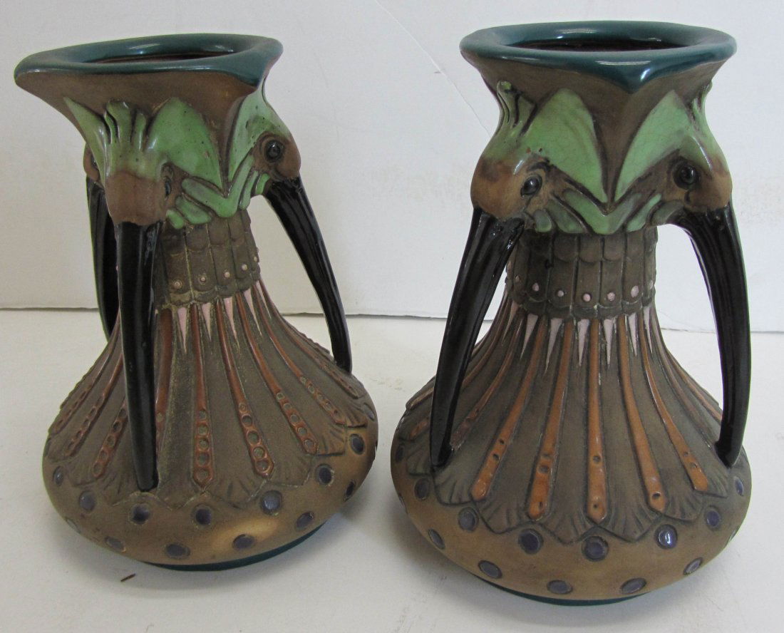 Pr. C1900 Rare Amphora vases with birds: Pr. C1900 Rare Amphora vases with birds 9"h Auction Estimate 300-600