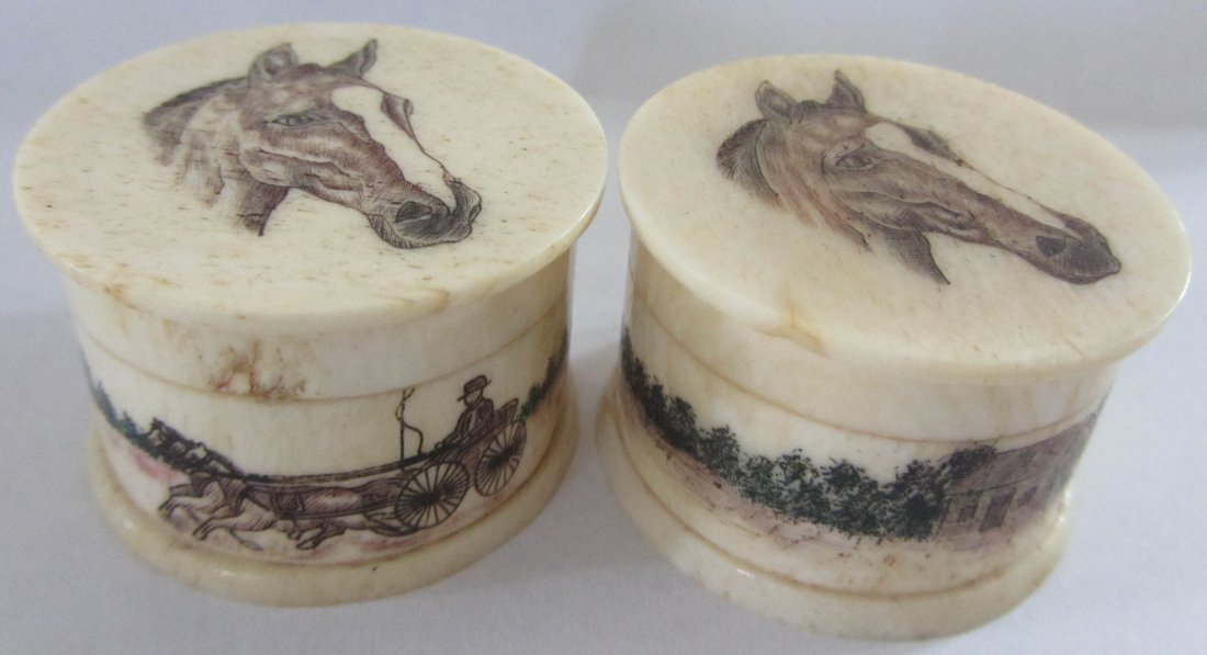 Pr. Ea. 20th C. bone pill boxes with horses: Pr. Ea. 20th C. bone pill boxes with horses 1"h Auction Estimate 100-300