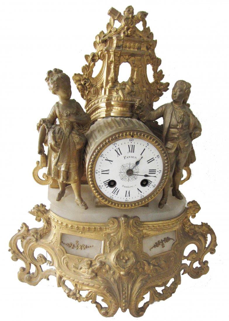 19th C. French dore bronze and onyx clock: 19th C. French dore bronze and onyx decorated clock with figures 14 x 12 Auction Estimate 300-600