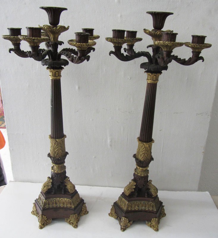 Pr. Dore and Patinaed bronze candelabras: Pair of 1st period French Empire dore and patinaed bronze candelabras Auction Estimate 600-1200