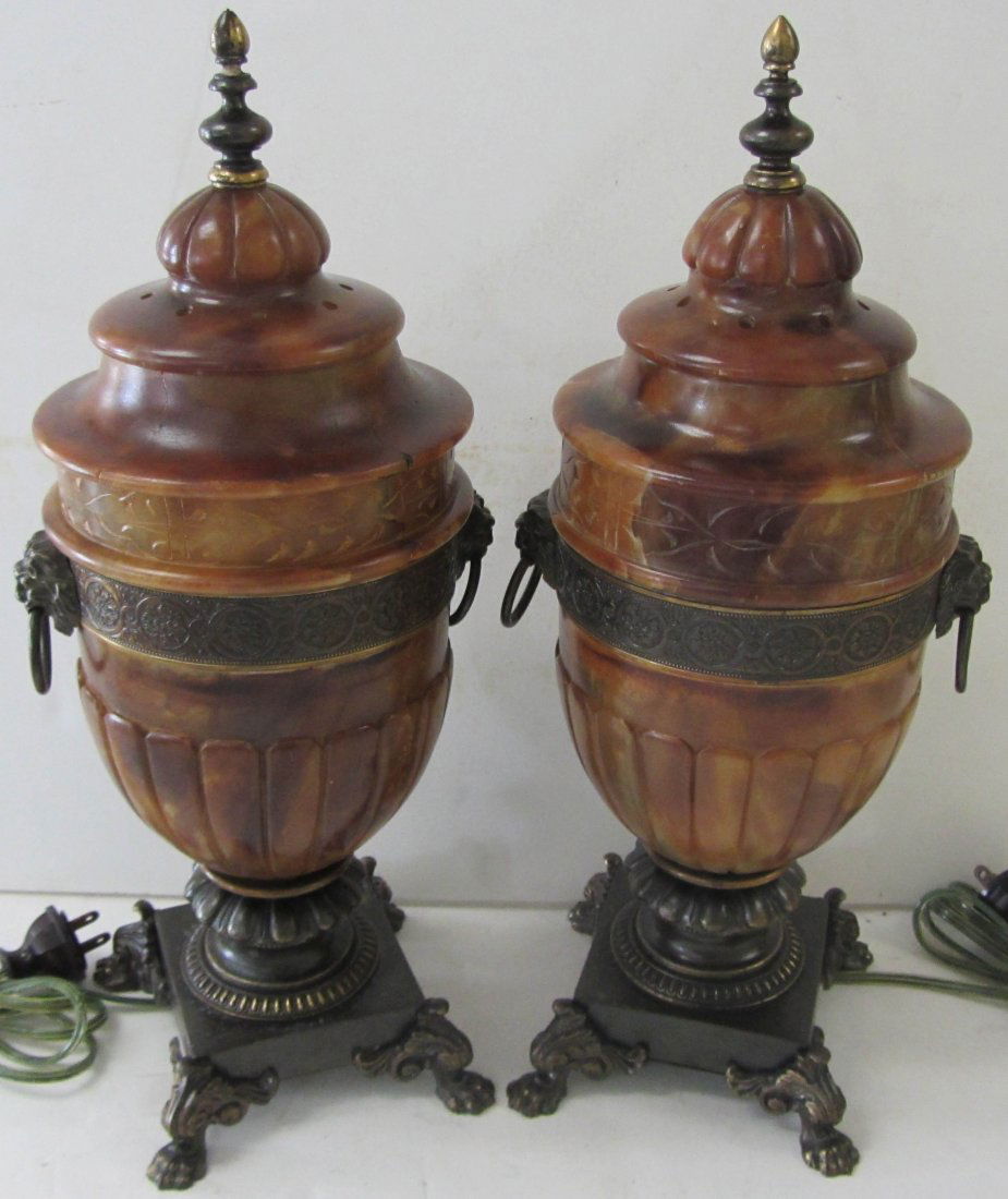Pr. C1900 Alabaster and bronze table lamps: Pr. C1900 Alabaster and bronze table lamps 15"h Auction Estimate 200-400