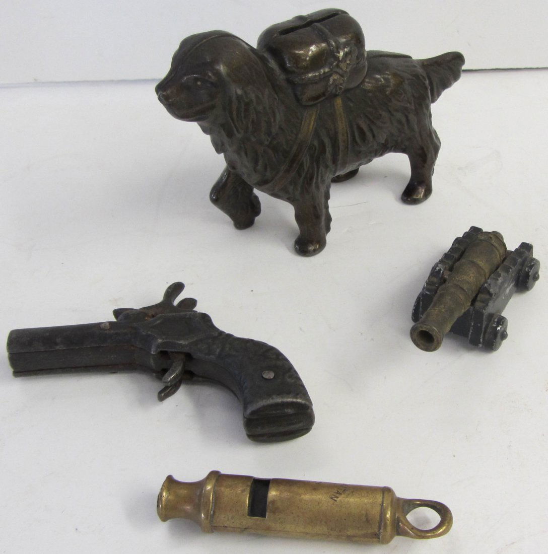 Antique toys cap pistol dog bank & cannon whistle: Assorted Antique toys, cap pistol, dog bank and cannon whistle Auction Estimate 300-600