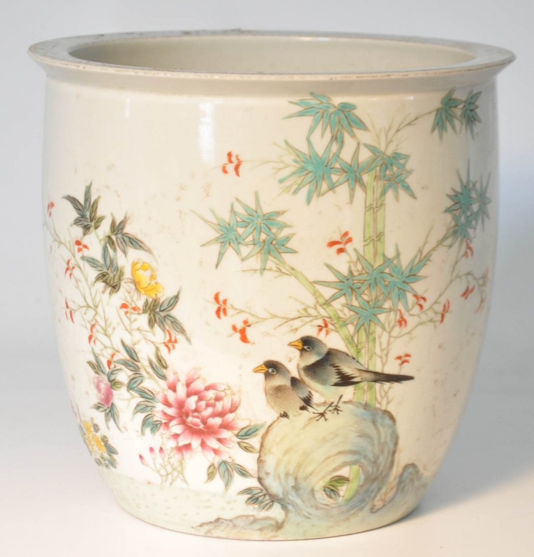 Early 20th C. fish bowl decorated with birds: Early 20th C. fish bowl decorated with birds, bamboo and peony flower design. Chinese poem and artist's signature as Lu Yucheng Auction Estimate 300-500