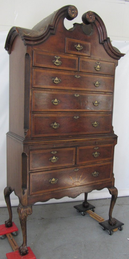 19th C. Chippendale 2 part highboy: Ea. 19th C. Maple and walnut 2 part Chippendale highboy with detail inlay work 87 x 41 x 21 Auction Estimate 900-1800