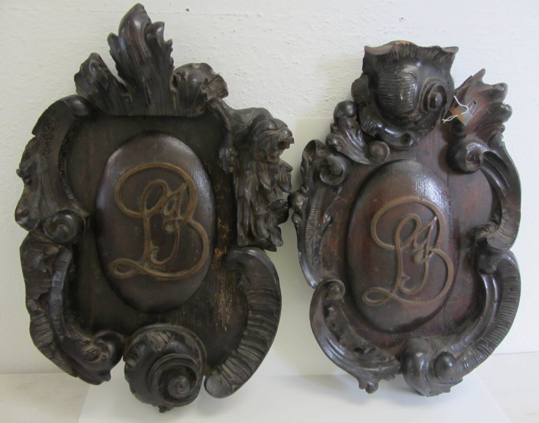 Pr. Ea. 19th C. NYC made oak crests: Pr. Ea. 19th C. NYC made oak crests from the Beechnut Estate, CT 27 x 17 Auction Estimate 450-900
