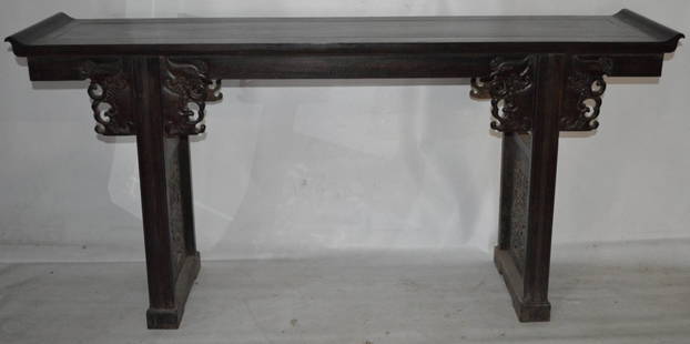 19th C. Chinese Zitan wood altar table: 19th C. Chinese Zitan wood altar table, very long and detailed phoenix pattern on leg Auction Estimate 3000-5000