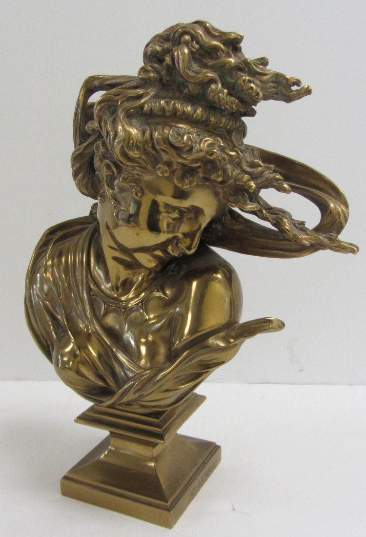 19th C. Art Nouveau bronze bust of woman: 19th C. Art Nouveau bronze bust of woman signed Ate. Lemaire 12 x 9 Auction Estimate 350-700
