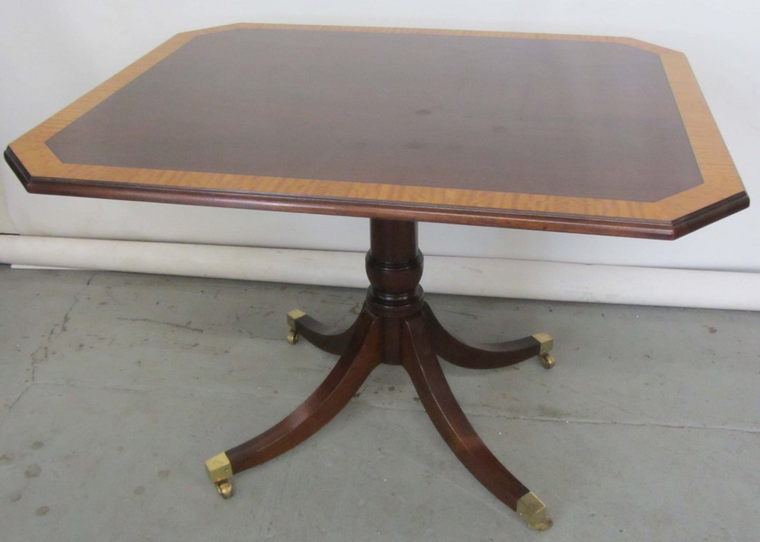 Ea. 20th C. banded inlaid Mahogany tilt top table: Ea. 20th C. banded inlaid Mahogany tilt top breakfast table 29 1/2 x 41 x 33 Auction Estimate 250-500