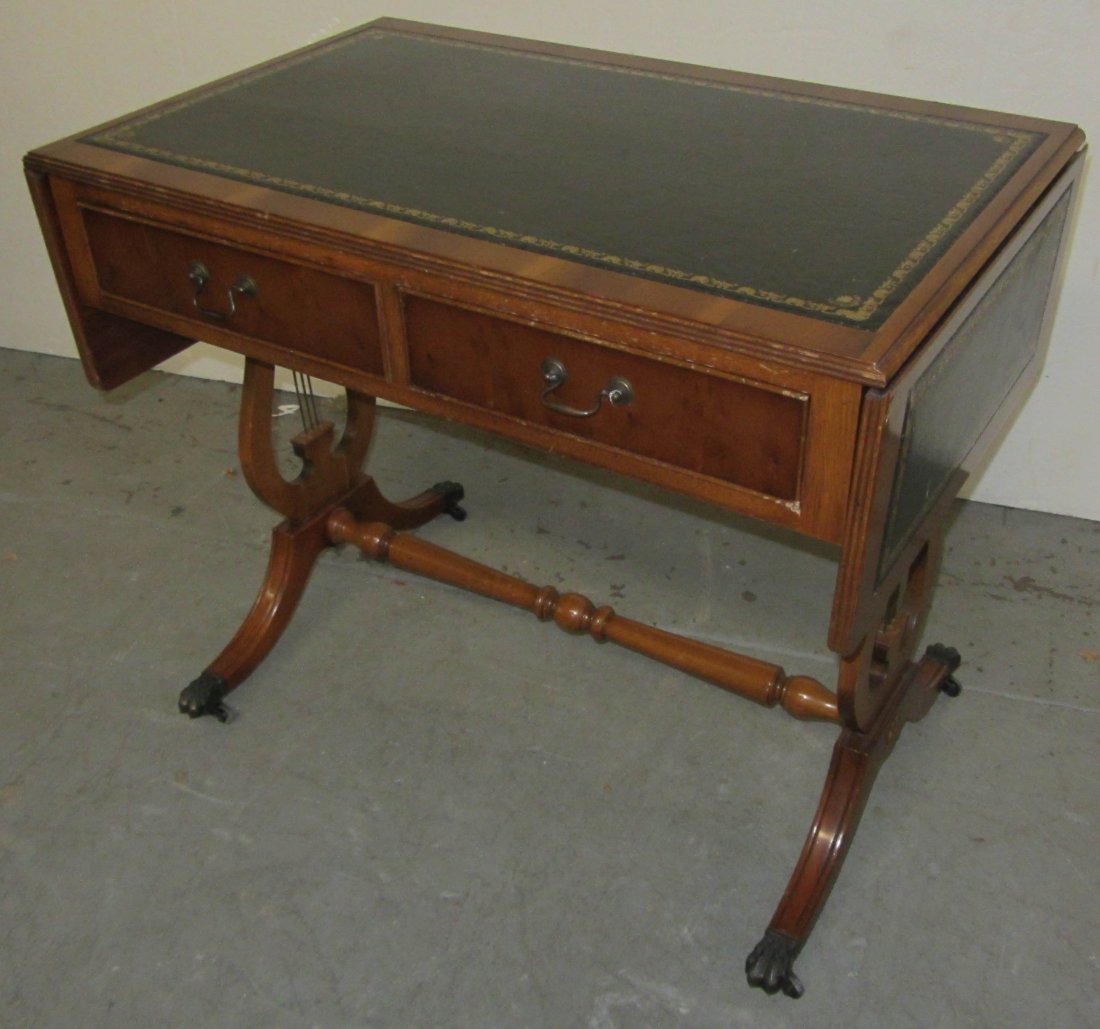 Satinwood and walnut drop leaf sofa table: Unusual Satinwood and Walnut leather top drop leaf sofa table 29 x 35 x 22 Auction Estimate 200-400