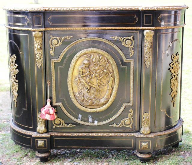 19th C. marbletop laquered and bronze credenza: Rare 19th C. marbletop laquered and bronze credenza 52"h x 56"w x 17"d Auction Estimate 600-1200