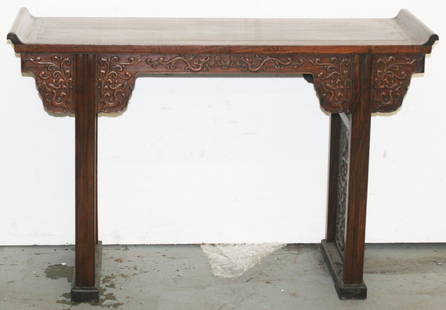 19th C Chinese carved Huanghuali wood altar table: 19th C. Chinese carved Huanghuali wood altar table with detailed dragon design 33 x 49 x 16 New England Collection Auction Estimate 2000-3000