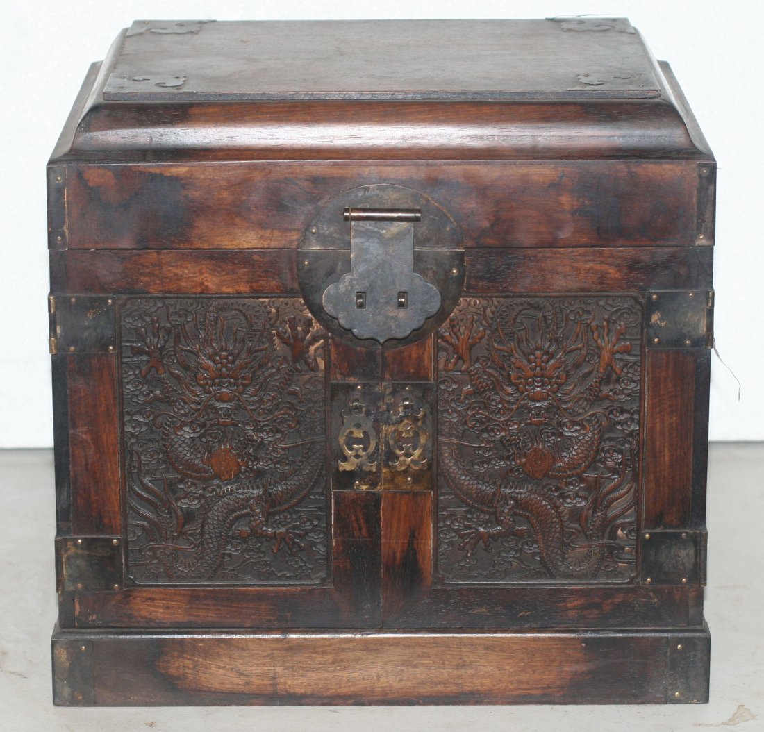 Huanghuali wood chest with six drawers: Huanghuali wood chest with six drawers and carved dragon pattern doors and lid opening New England Collection 16 x 16 x 12 Auction Estimate 400-800