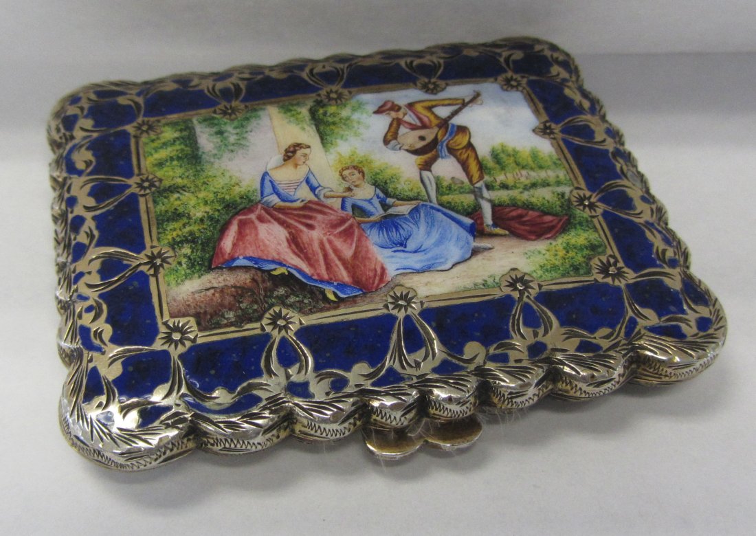 C1900 Enamel and 800 Silver compact: C1900 Enamel and 800 Silver compact 3 x 2 1/2 Auction Estimate 400-800