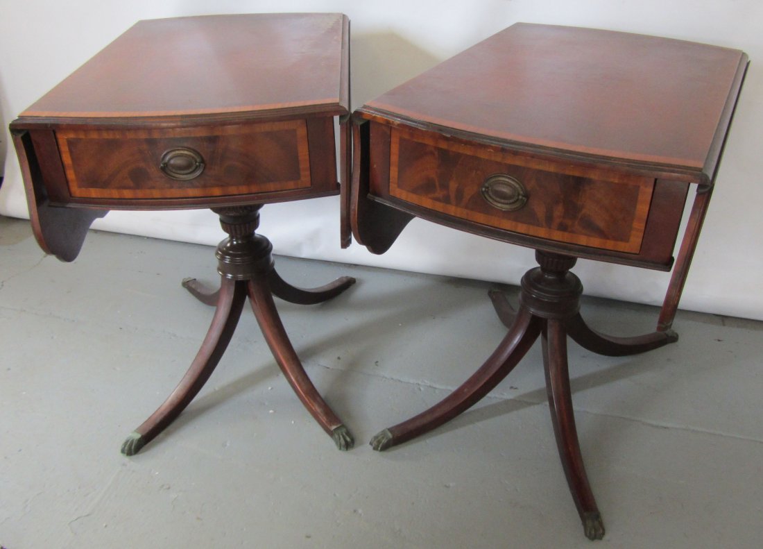 Pr. C1900 Mahogany and banded inlaid end tables: Pr. C1900 Mahogany and banded inlaid Hepplewhite style drop side end tables 27"h Auction Estimate 300-600