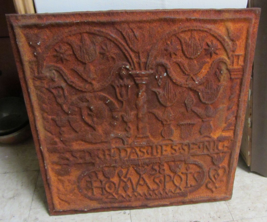 Large Cast iron fire back: Large Cast iron fire back 23 x 23 Auction Estimate 200-400