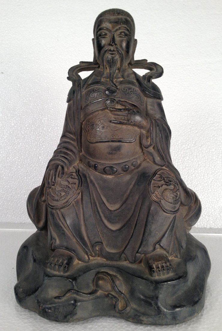 Chinese bronze statue: bronze statue, china, Describes chinese fairy wearing a robe, sitting on a rock 10"h Auction Estimate 600-800