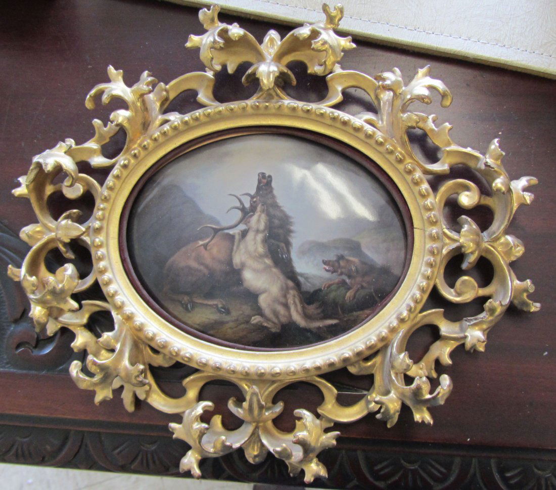19th C. KPM porcelain plaque with hunt scene: 19th C. Signed KPM porcelain plaque with hunt scene in original gilt frame 11 x 13 Auction Estimate 600-1200