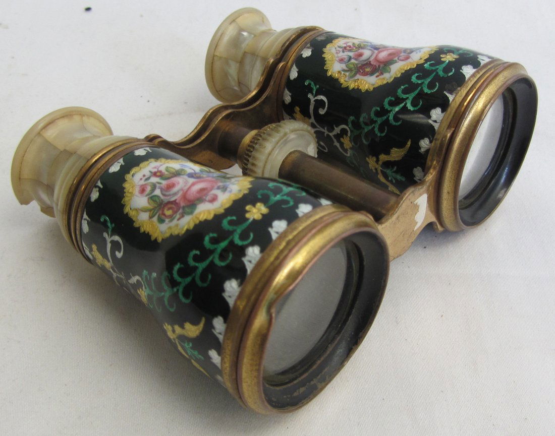 19th C. French mother of pearl opera glasses: Set of 19th C. French mother of pearl and enamel opera glasses 1 1/2 x 4 1/2 x 3 Auction Estimate 100-300