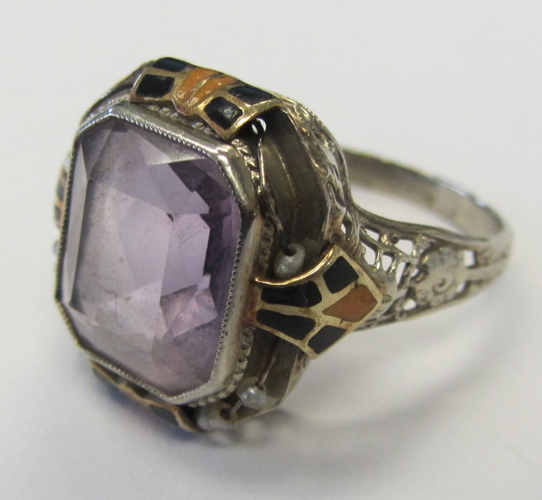 Unusual Antique Art Deco Amethyst and Enamel ring: Unusual Antique Art Deco Amethyst and Enamel ring with pearls Auction Estimate 400-800