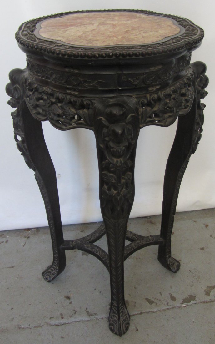 19th C. Detail carved and marbletop teak stand