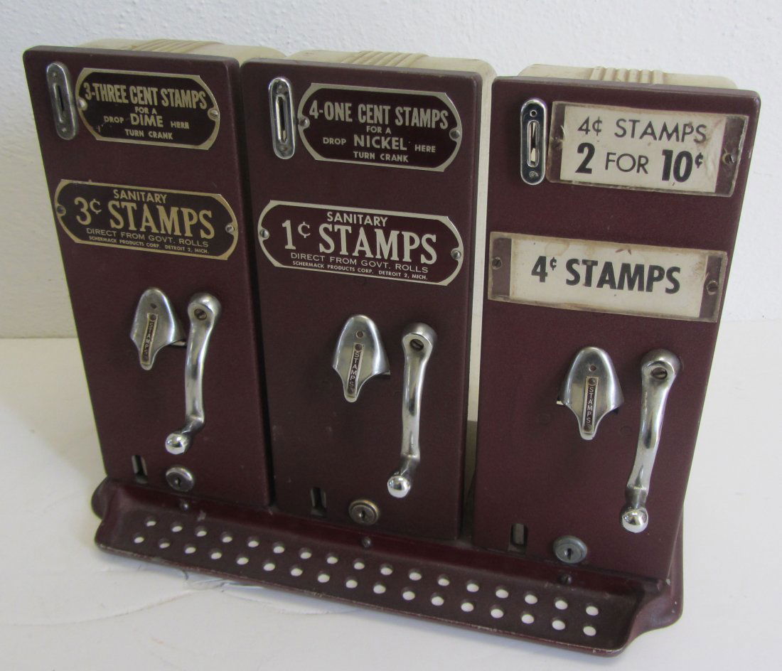Art Deco Schermack Stamp vending machine: Art Deco Schermack Stamp vending machine models 45, 425 and 310 13 x 16 x 9 Auction Estimate 300-600