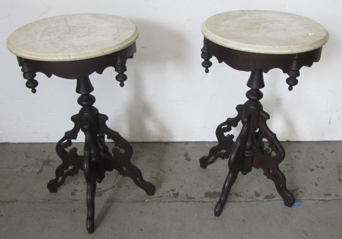 Pr. Victorian marble top walnut candlestands: Pr. Rare Victorian American T. Brooks marble top candlestands 29"h Auction Estimate 450-900