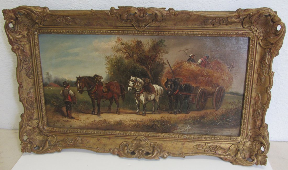 19th C. Signed oil on canvas of horses: 19th C. Signed oil on canvas of horses and hay wagon in original gilt frame 18 x 30 Auction Estimate 600-1200
