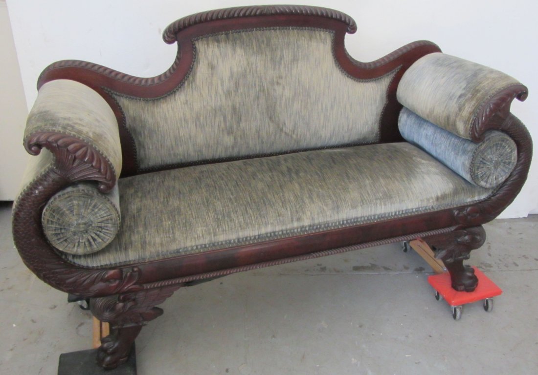 Ea. 19th C. American Empire loveseat: Museum Quality Ea. 19th C. American Empire loveseat with detail carved dolphins 39 x 65 x 21 Auction Estimate 400-800