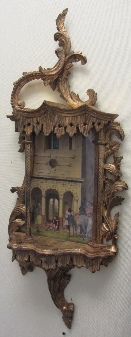 19th C. carved gilt wood wall hanger: Rare Mid 19th C. carved gilt wood wall hanger with watercolor 38 x 15 Auction Estimate 200-400