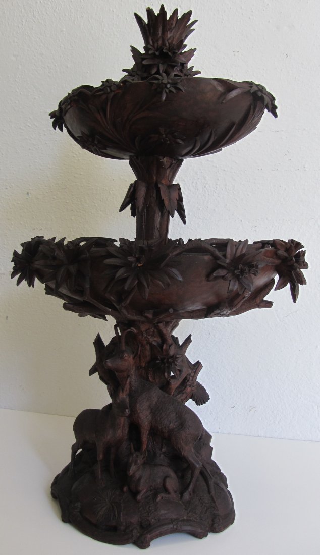 19th C. Detail carved walnut Black Forest epergne: Rare 19th C. Detail carved walnut Black Forest epergne with deer 29 x 18 x 13 Auction Estimate 600-1200