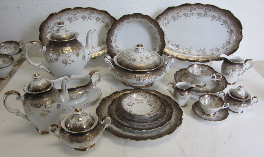 129 Piece Bavarian dish set: Fine Quality C1900 Handpainted Bavarian dish set 129 Pieces Auction Estimate 400-800 1 Small Creamer and Sugar, 1 Large Creamer and sugar, 1 small teapot, 1 large teapot, 1 gravy