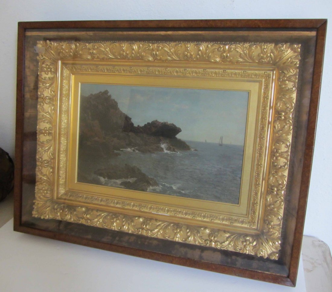 Ea. 19th C. American oil on canvas of seascape: Ea. 19th C. American oil on canvas of seascape with boats in walnut shadow box with original gilt frame signed J.C. Nicoll 27 x 35 Auction Estimate 2250-4500