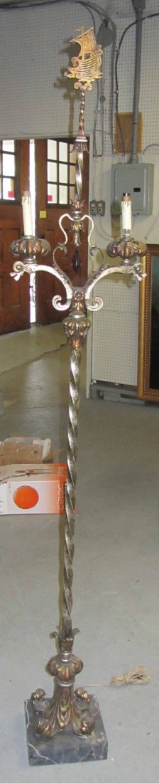 20th C. Oscar Bach iron and bronze torchiere: Ea. 20th C. Oscar Bach iron and bronze torchiere on marble base 73"h Auction Estimate 450-900