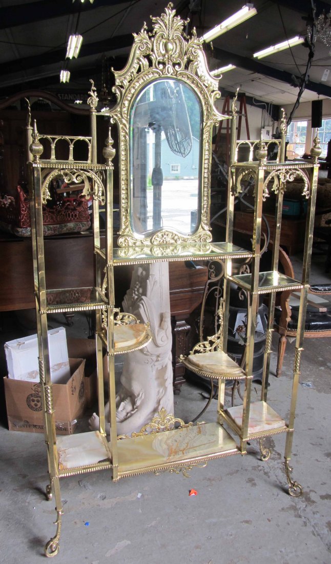19th C. Modern Gothic etegere with glass: 19th C. Modern Gothic etegere with glass and onyx shelves 75 x 38 x 9 Auction Estimate 400-800