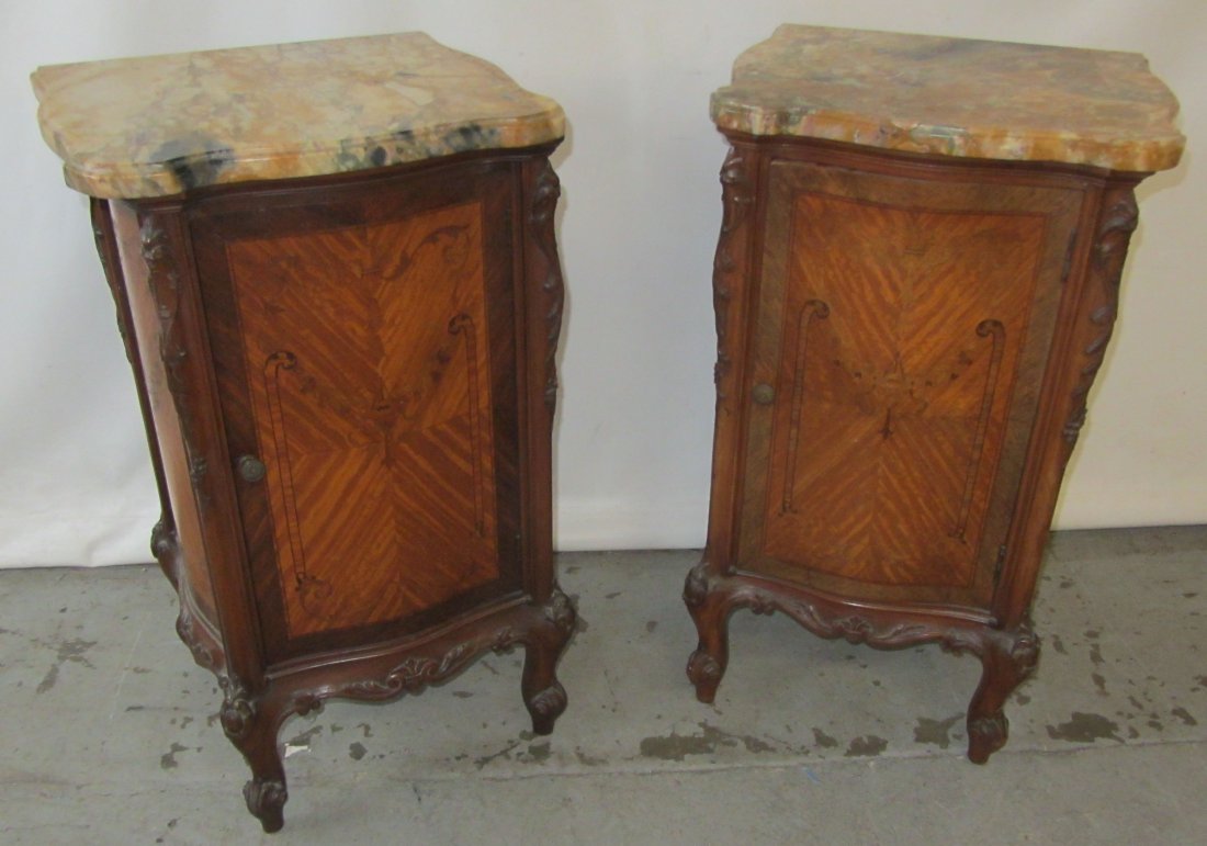 Pr. C1900 French style American nightstands: Pr. C1900 French style American satinwood and walnut inlaid marble top nightstands 31 x 18 x 16 Auction Estimate 600-1200