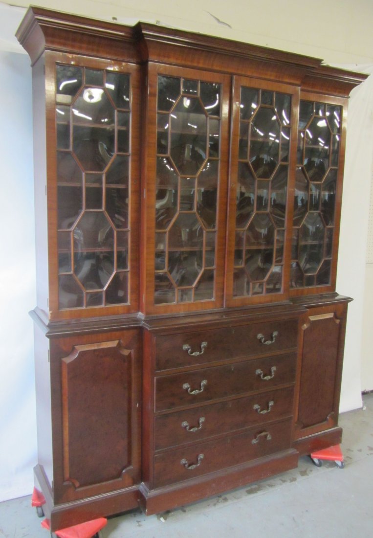 C1900 Signed English burled mahogany breakfront: C1900 Signed English burled mahogany breakfront 80 x 65 x 17 Auction Estimate 400-800