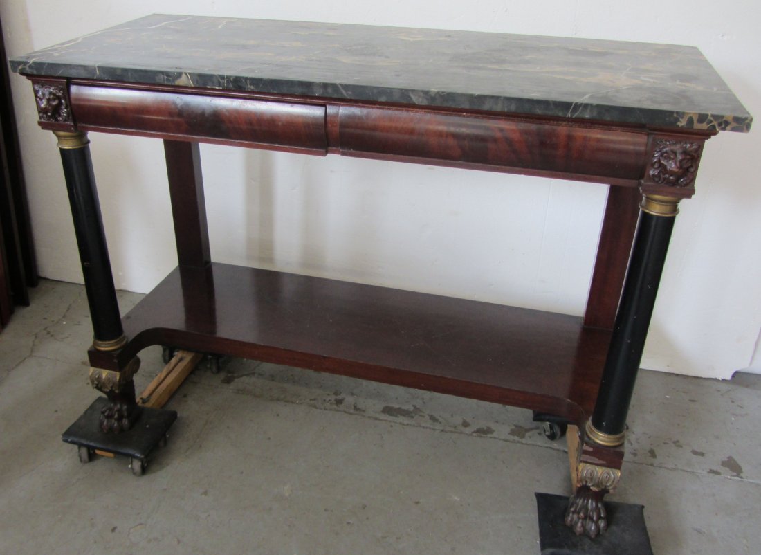 Mid 19th C Mahogany and paint decorated pier table: Mid 19th C. Mahogany and paint decorated marbletop pier table 36 x 51 x 22 Auction Estimate 750-1500